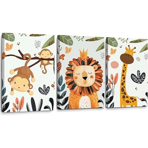 Safari Nursery Wall Decor Cute Animals Canvas Wall Art 3Pcs Framed Prints Picture Boy Girl Kids Room Decor Monkey Lion Giraffe Poster for School Toddler Room Baby Room Children's Bedroom 12" x 16"