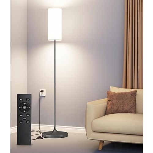 luckystyle Dimmable Floor Lamp,Modern Tall Lamp with Foot Switch,12W Led Bulb with Remote Custom Color Temperature,Pole Lamp with Lampshade,Standing Lamp for Bedroom Office Living Room,Matte Black