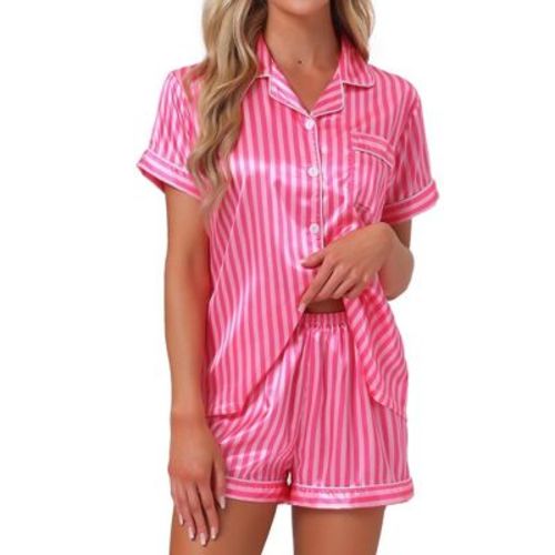 cheibear Women's Stripped Satin Silky 2pcs Pajama Set Button Down Shirt and Shorts Lounge Sleepwear 2025 Hot Pink Large