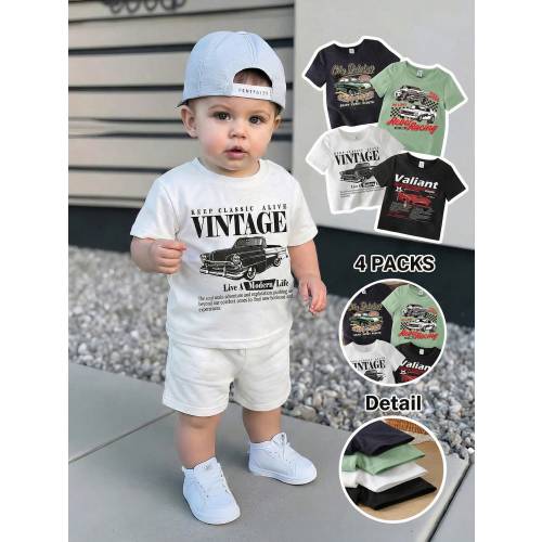 4pcs Racing Car Print Casual Crew Neck Short Sleeve Top For Baby Boy,Suitable Summer Graphic T-Shirts Vintage T-Shirt Clothes Cars