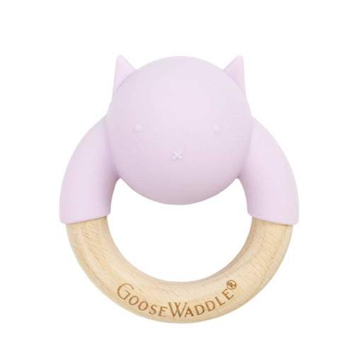 Rattle Teether Wooden + Silicone (4 Colors) - Lavender Rattle Kitty - Goosewaddle® | Newborn Baby Blankets Toys Teethers Bibs & More