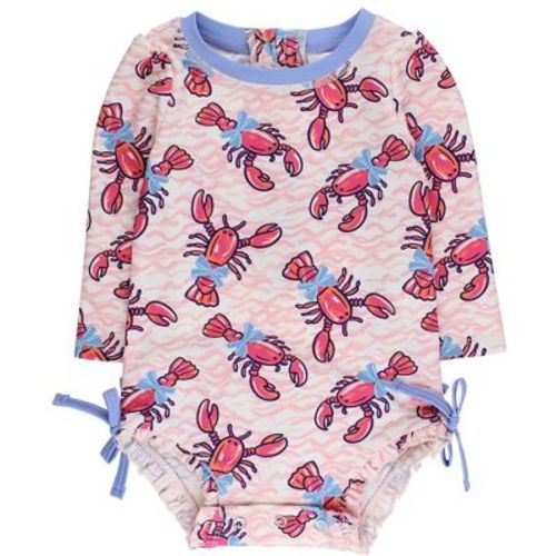 RuffleButts Baby/Toddler Girls UPF50+ Long Sleeve One Piece Rash Guard - Pink Lobster Lagoon, 0-3m