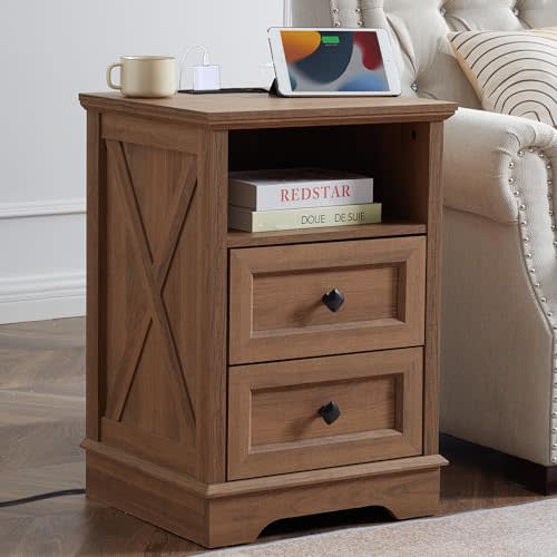 NONGSHIM 2 Drawer Dresser for Bedroom,Small Dressers with Charging Station, Natural Oak