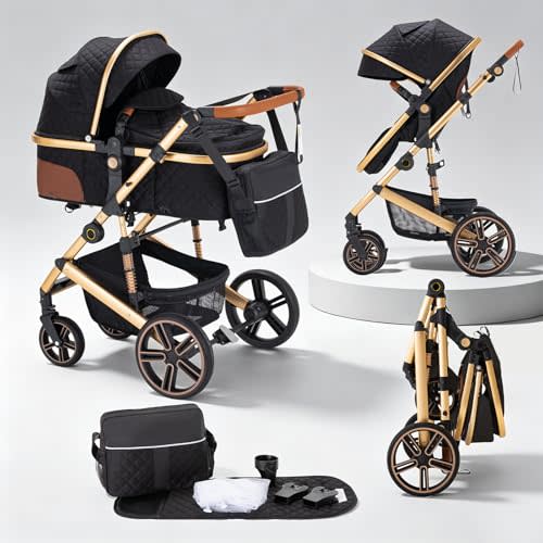 Baby Stroller, 2-in-1 Travel Stroller with Adjustable Handle,Black | 2-In-1 Convertible Toddler Travel Stroller with Lie-Flat Seat, 2" PU Tires, Toddler Stroller For 0-18kg,Aluminum Frame,Black
