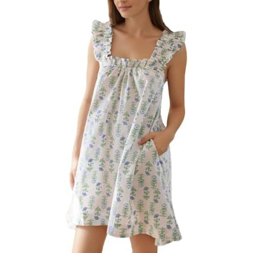 Womens Ruffle Sleeveless Nightgowns Soft Cute Printed Sleep Dress Comfy Lightweight Sleepwear