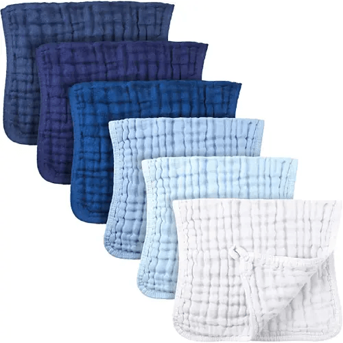 Irenare 6 Pack Muslin Burp Cloths Cotton Baby Burping Rags Large 20 x 10 Inch 6 Layers Spit up Rags Soft Absorbent Multicolor Wash Cloths Diapers for Newborn Baby Girl Boy (Blue Series)