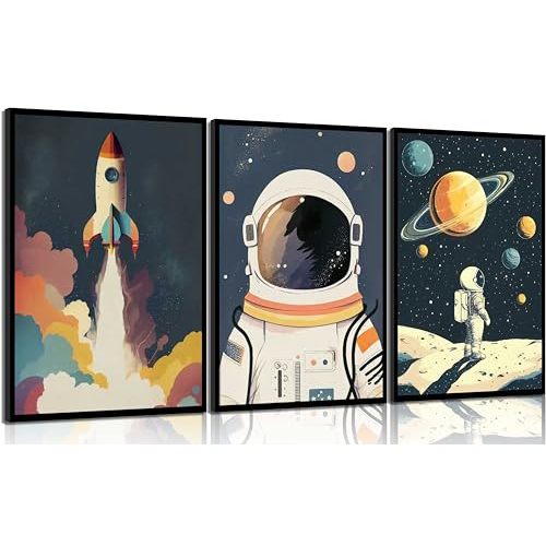 LQUXCSIQ 3Pcs Kids Astronaut Wall Art Nursery Space Astronauts Canvas Painting Explore Dream Galaxy Canvas Prints Funny Planet Pictures Wall Decor for Adventure Kids Bedroom Nursery Room Unframed