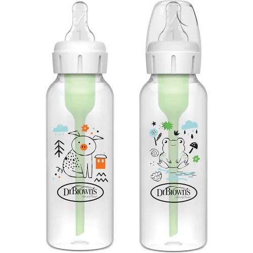Dr. Brown's Natural Flow Anti-Colic Options+ Narrow Baby Bottle, Pig & Frog, 8 oz/250 mL, with Level 1 Slow Flow Nipple, BPA Free, 0m+, 2-Pack