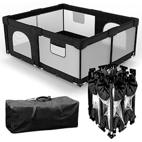 Foldable Baby Playpen with Gate, Extra Large Collapsible Play Yard for Babies & Toddlers, Portable Travel Playpen, Baby Activity Center for Indoor & Outdoor Use (Black 59"×71")
