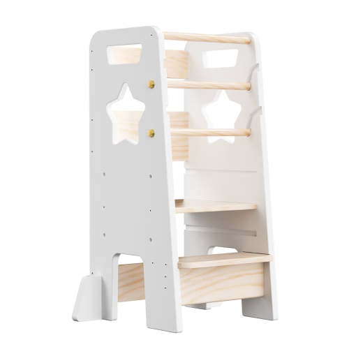 Toddler Standing Tower, 3 Levels Height-Adjustable Wooden Kitchen Stool Helper for Kids with Removable Safety Bars, White