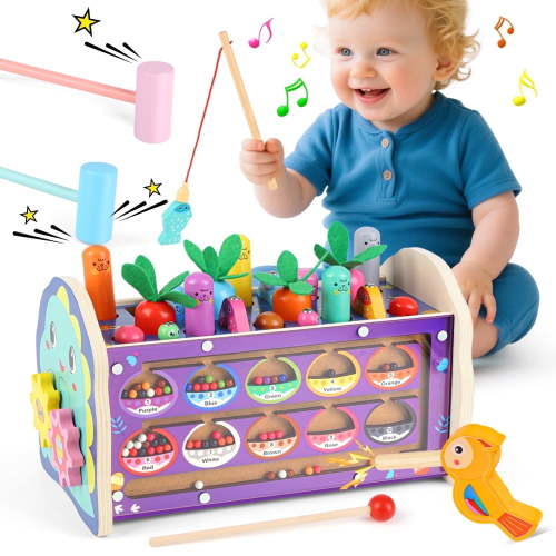 UUSUOO Montessori Toys for 1 Year Old,Wooden Hammering Pounding Toys with Whack A Mole Game,Fishing,Xylophone,Learning Toys Christmas Gifts for Toddlers Age 1 - 3