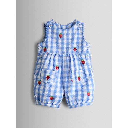Blue Strawberry Embroidered Seersucker Gingham Dungaree