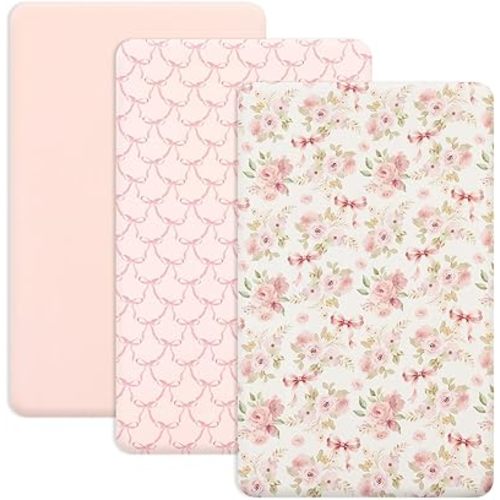 PHF 3 Pack Soft Mini Crib Sheets, Floral & Bow Pack N Play Sheets for Baby Boys Girls, No Slip Universal Fit for Pack N Play, Playard, Portable and Mini Crib Mattresses,Floral & Bow