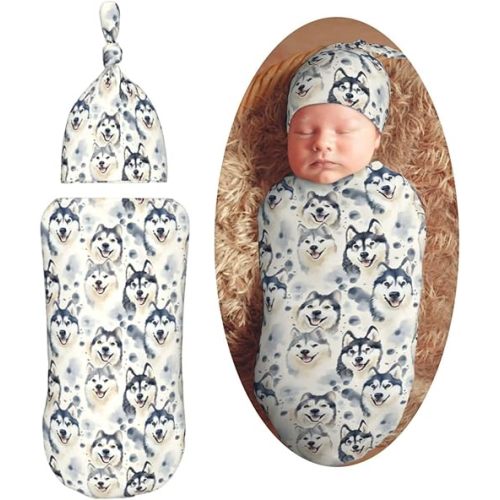 Watercolor Grey Husky Dogs Newborn Swaddle Blankets Hat Sets Soft Baby Receiving Blanket Swaddle Sack for Baby Shower Infant Boy Girl Gift