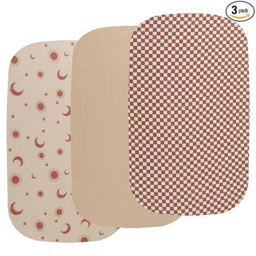 Onacosht Muslin Bassinet Sheets 3 Pack, 100% Cotton Baby Sheet 35" X 20" Compatiable with AMKE 3 in 1 Bassinets, MiClassic, Uiuwoo, Foalom, YADAQE, Milliard and TCBunny Bassinet, Checker and Sun Moon