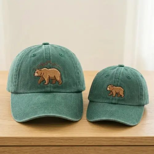 Embroidered Bear Dad and Me Baseball Caps, Green Washed