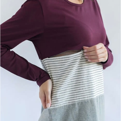 Long Sleeve Cotton Nursing Top- 3 Block- Wine- Large