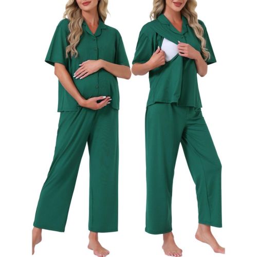 INSPIRE CHIC Maternity Nursing Short Sleeves Breastfeeding Loungewear Button Down Postpartum Pajama Sets XX-Large Deep Green