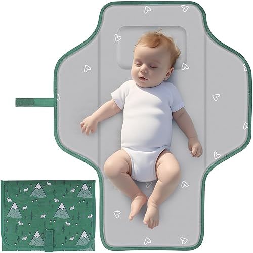 Portable Diaper Changing Pad, Waterproof Baby Changing Mat, Foldable Travel Baby Changing Station, Newborn Essential Baby Shower Registry Gift (Green-Rabbit)