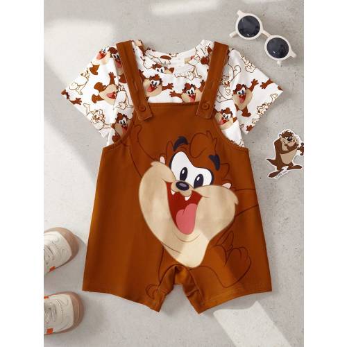 LOONEY TUNES X SHEIN Baby Boy Summer Casual Cute Cartoon Pattern Round Neck Short Sleeve T-Shirt And Jumpsuit Set