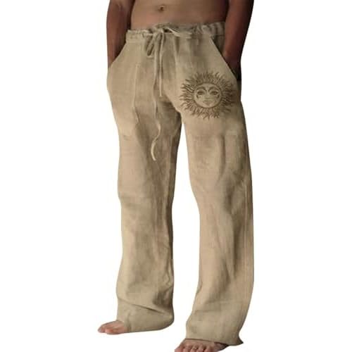 Puimentiua Cotton Linen Pants Men, Summer Beach Pants Loose Fit with Elastic Waist Drawstring