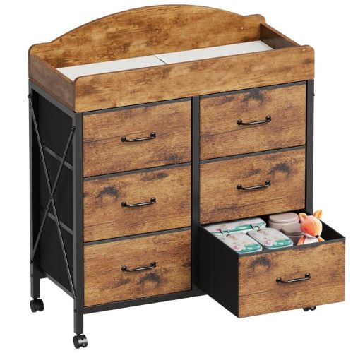 YeTom Changing Table Dresser, 6 Fabric Drawers, Mobile Storage, Brown | Changing Table,Waterproof Diaper pad & Safety Strap,6 fabric drawers, Wheels, Compact