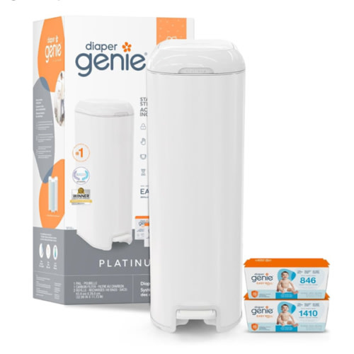 Diaper Genie Platinum Diaper Pail Gift Set | Hands-Free Odor Control with Foot Pedal | Stainless Steel Baby Diaper Pail | Includes 2 Easy Roll Refills 48 Bags Total | Baby Registry Must-Have