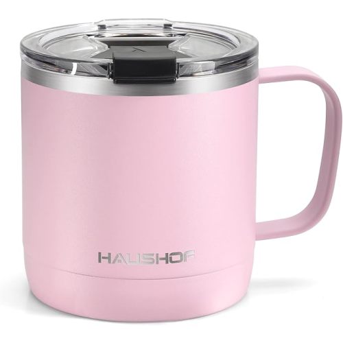 HAUSHOF 14 oz Coffee Mug, Insulated Coffee Mug with Handle, Travel Camping Cup, Portable Stainless Steel Coffee Cup, Insulated Coffee Cups with Lid, Pink