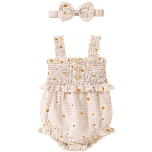 Tiny Cutey Baby Girl Romper Denim/Plaid/Stripe Newborn Infant Sleeveless Jumpsuit 0-3M/3-6M/6-12M/12-18M With Headband