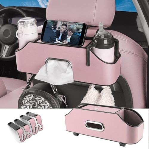 HOLDCY Car Back Seat Organizer with 2 Drink Cup Holder - Tissue Box and Storage Box Hook - Multi-functional Storage - Great for Kids and Travel (Pink)