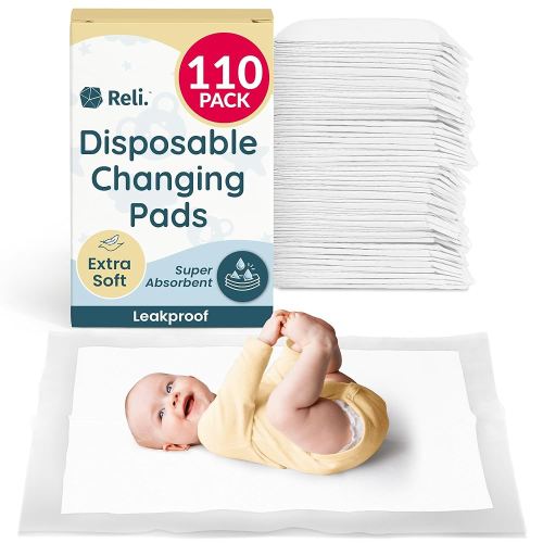 Reli. Disposable Changing Pads for Baby (110 Pack) | 18" x 24" Disposable Diaper Changing Pads, Large | Super Absorbent, Leak-Proof Liners | Waterproof, Quick Dry Underpads (White)