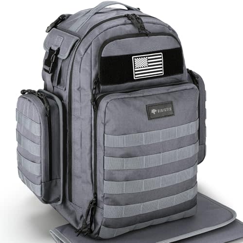 Dad Diaper Bag Backpack with Diaper Changing Mat - Dark Grey | Military Style, MOLLE Webbing, Waterproof Pouch, Baby Wipes Pocket, Insulated Bottle Pockets
