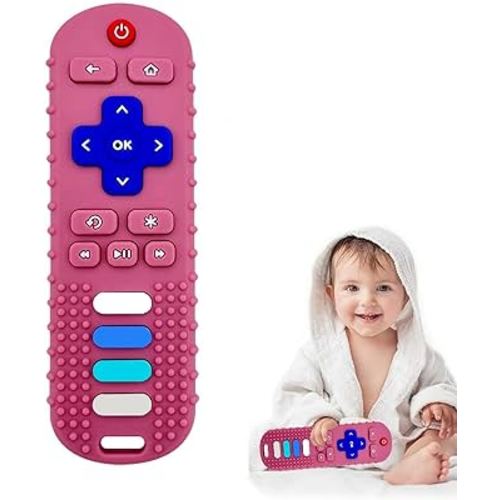 Baby Teether Toy,TV Remote Control Shape Teething Relief Chew Toy for Infants 3-24 Months, BPA Free, Pink