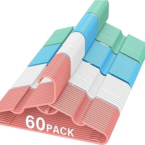 Baby Hangers 60-Pack, MUL-Color Toddler Clothes Hangers with Stackable Hooks & Anti-Slip, Premium PP Plastic Infant Hanger for Kids Closet Organizer, Space-Saving Kids Hanger for Children