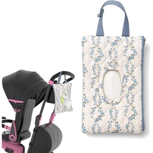 Quilted Diaper Wipe Pouch Hanging Floral Wet Wipes Bag Reusable Fabric Cover with Zipper & Lanyard for Car Daily Casual Travel Mommy Bag (Blue Floral Pattern)
