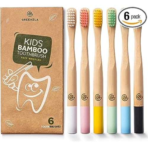 GREENZLA 6 Pack Kids Bamboo Toothbrush | Soft Charcoal Bristles | Natural bamboo, biodegradable & compostable | Ergonomic toddler grip | 6 colors | Zero-waste