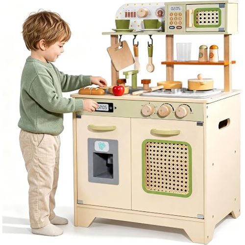 Wooden Play Kitchen for Toddlers, Kids Toy Kitchen Playset with Real Sounds & Accessories, Pretend Play Cooking Set for Girls & Boys