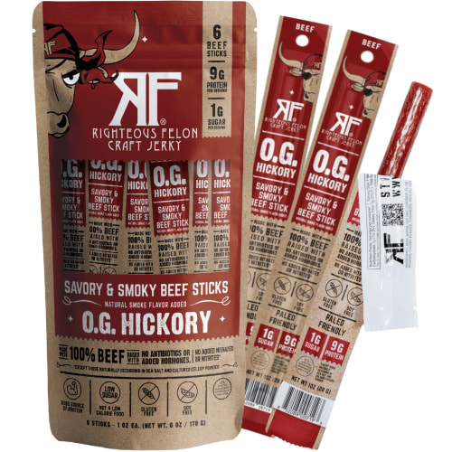 Righteous Felon Grass-Fed Meat Sticks - Low Sugar, High Protein Beef - OG Hickory, 6 pack