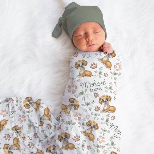 Personalized Boxer Puppy Swaddle Blanket Dog Name Baby Blanket Newborn Baby Boy Coming Home Outfit Dog Lover Gift Baby Shower Gift