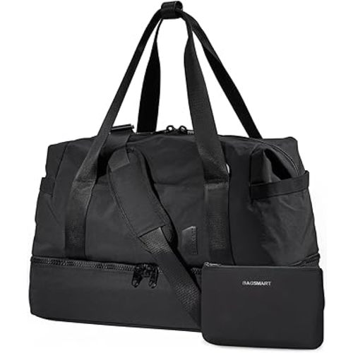 Weekender Bags for Women, BAGSMART Travel Duffel Bags with Shoe Compartment,Personal Item Travel Bag for Airlines, Carry on Overnight Tote Bag with Toiletry Bag(Black,2pcs)
