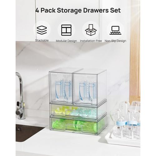 Clear Stackable Storage Drawers Set of 4, Plastic Organizer Bins for Makeup, Cosmetics, Beauty Supplies,Ideal for Vanity, Bathroom,Cabinet,Pantry Organization