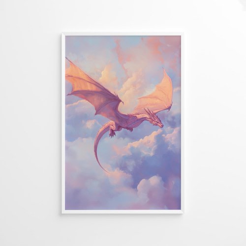 Flying Dragon Poster: Pink Fantasy Creature in Pastel Sky Art Print