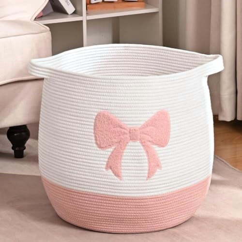 Large Baby Laundry Hamper, Pink Bow Laundry Basket for Baby Girl, Toy and Blanket Storage Basket for Nursery and Playroom, Cotton Rope Hamper for Kids, 17.7"x15.7"