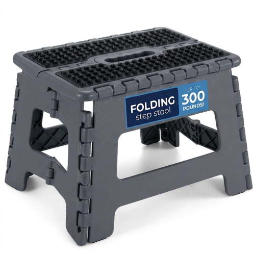 ACSTEP Folding Step Stool 9'' Non-Slip Folding Stools with Portable Handle for Adults Holds Up to 300 lbs, Plastic Foldable Step Stool for Bathroom, Bedroom, Kitchen, Gray