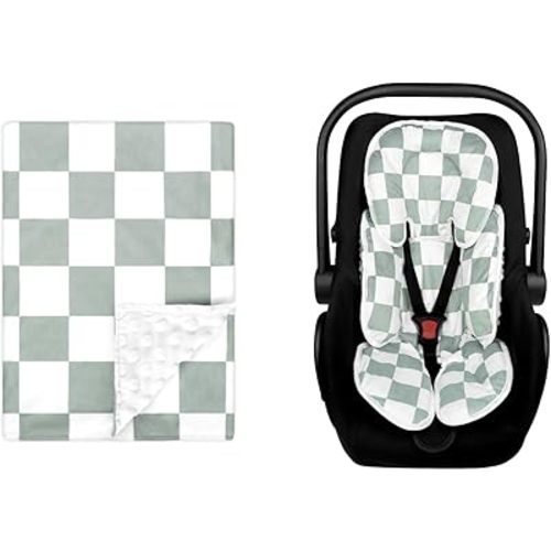 DILIMI Baby Blanket and 2-in-1 Carseat Head Support for Newborn, Green Checkered