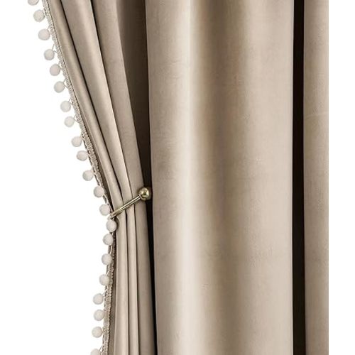 MIULEE Camel Beige Pom Pom Velvet Curtains for Bedroom/Living Room Darkening Thermal Insulating 84 Inches Long Blackout Curtains with Rod Pocket for Girls Room/Nursery/Home Theater Set of 2