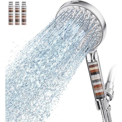 SR SUN RISE Filtered Shower Head with Handheld High Pressure 9 Spray Mode Showerhead Detachable Shower Head Water Softener Filters Beads for Hard Water Remove Chlorine 4 Filters Chrome