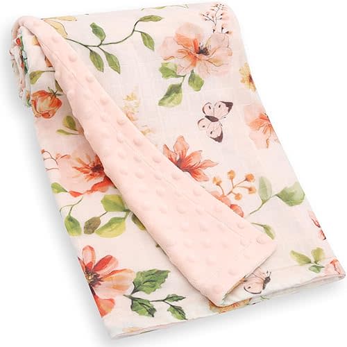 LifeTree Baby Blankets for Boys Girls, Soft Double Layer Swaddle Blankets, Muslin Front and Dotted Fleece Backing Receiving Bed Throw Blanket for Newborn Unisex, 31X40 Inches, Butterfly and Floral
