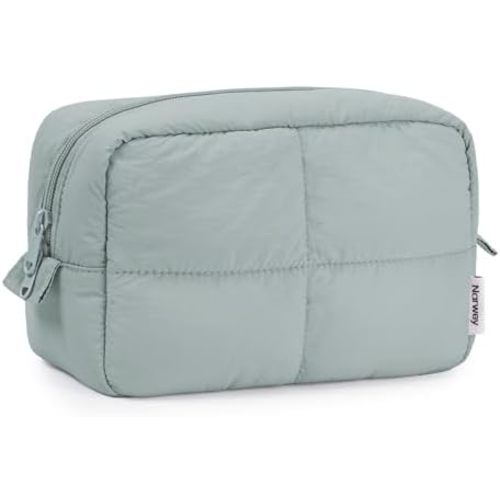 Narwey Puffy Makeup Bag for Travel Women Girl, Quilted Makeup Bag Cosmetic Bag, Cute Puffer Make Up Organizer Bags, Travel Toiletry Bag Toiletries (Sage Green)