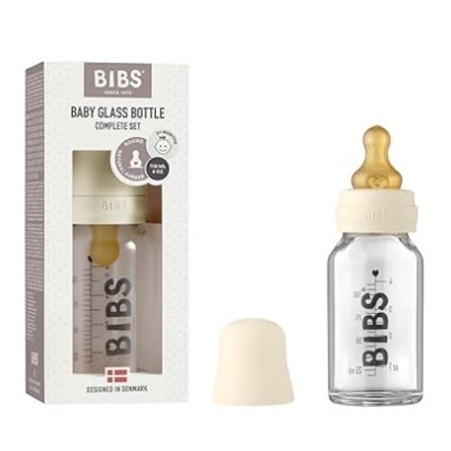 BIBS Baby Glass Bottle Complete Set 110 ml | BPA Free Natural Rubber | Made in Denmark | Ivory